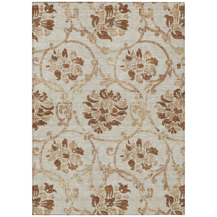 3' X 5' Terra Cotta Copper And Beige Floral Washable Indoor Outdoor Area Rug