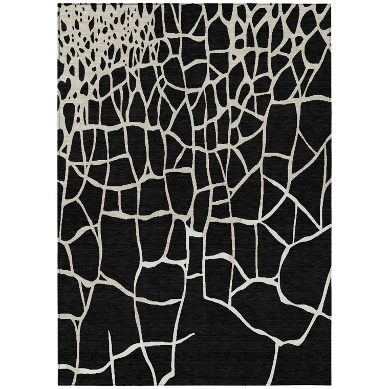 3' X 5' Black And Beige Abstract Washable Indoor Outdoor Area Rug