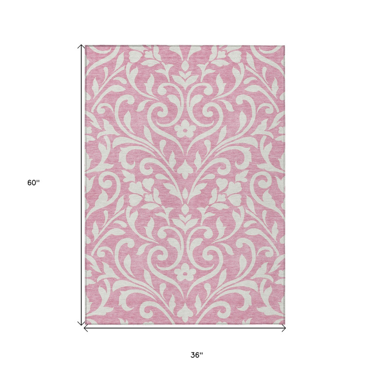 3' X 5' Pink And Ivory Floral Washable Indoor Outdoor Area Rug