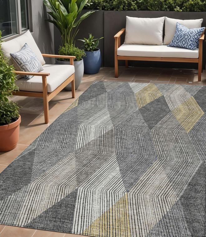 5' X 8' Pewter Gray And Gold Argyle Washable Indoor Outdoor Area Rug