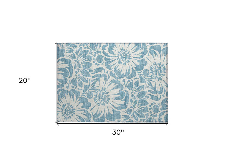 2' X 3' Denim and Ivory Floral Washable Non Skid Indoor Outdoor Area Rug
