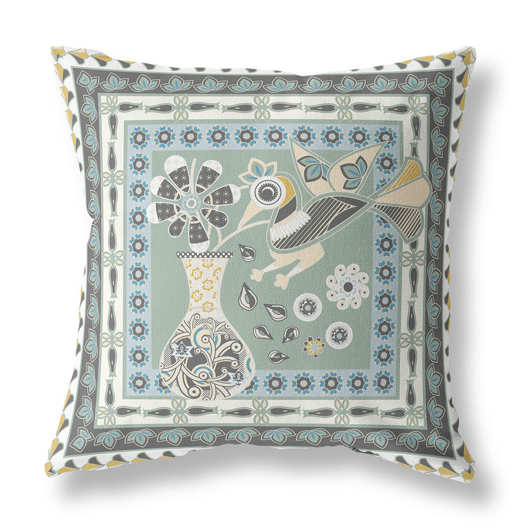 18" x 18" Green and Black Peacock Blown Seam Floral Indoor Outdoor Throw Pillow