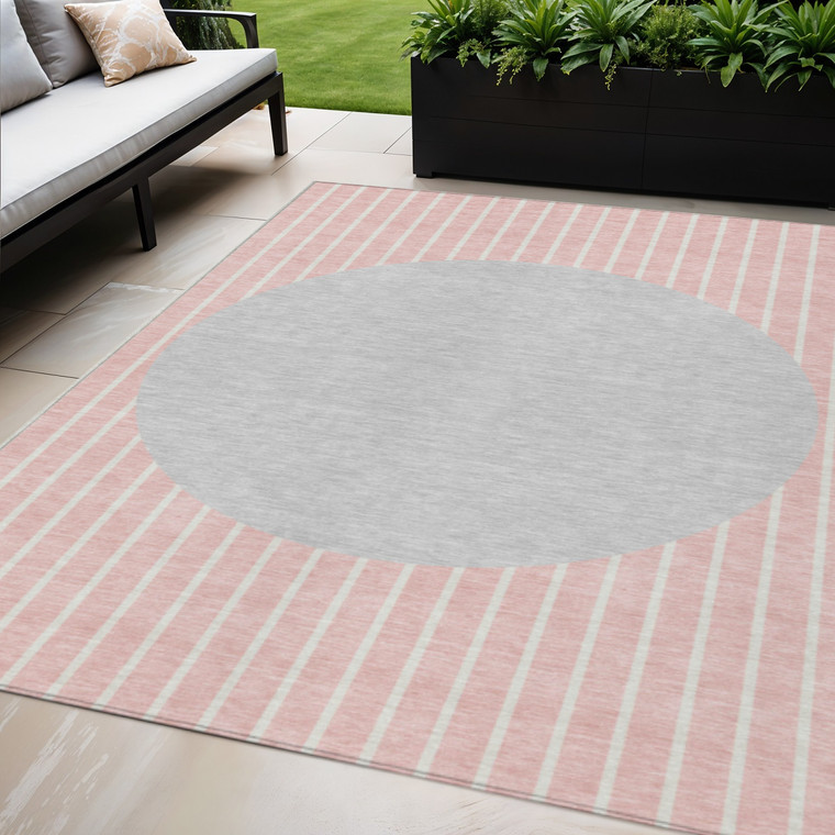 5' X 8' Pink And Silver Striped Washable Indoor Outdoor Area Rug