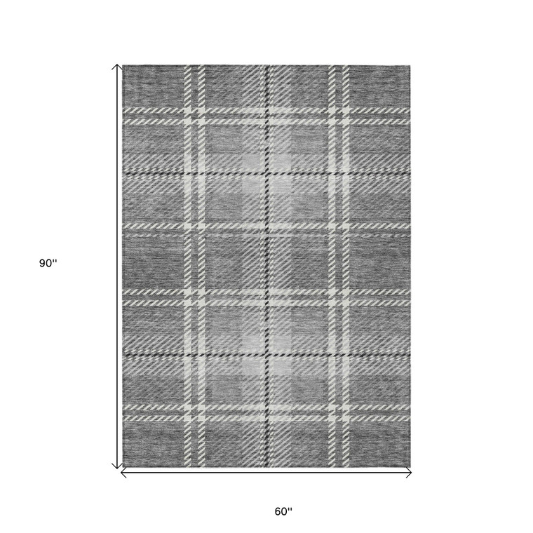 5' X 8' Gray Black And Ivory Plaid Washable Indoor Outdoor Area Rug