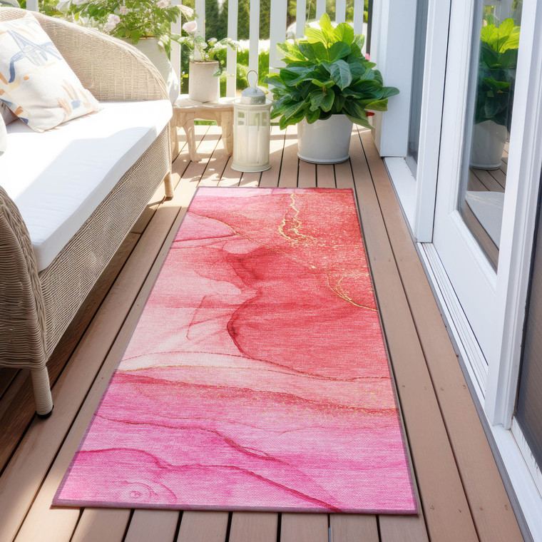 2' X 8' Pink Abstract Washable Non Skid Indoor Outdoor Runner Rug