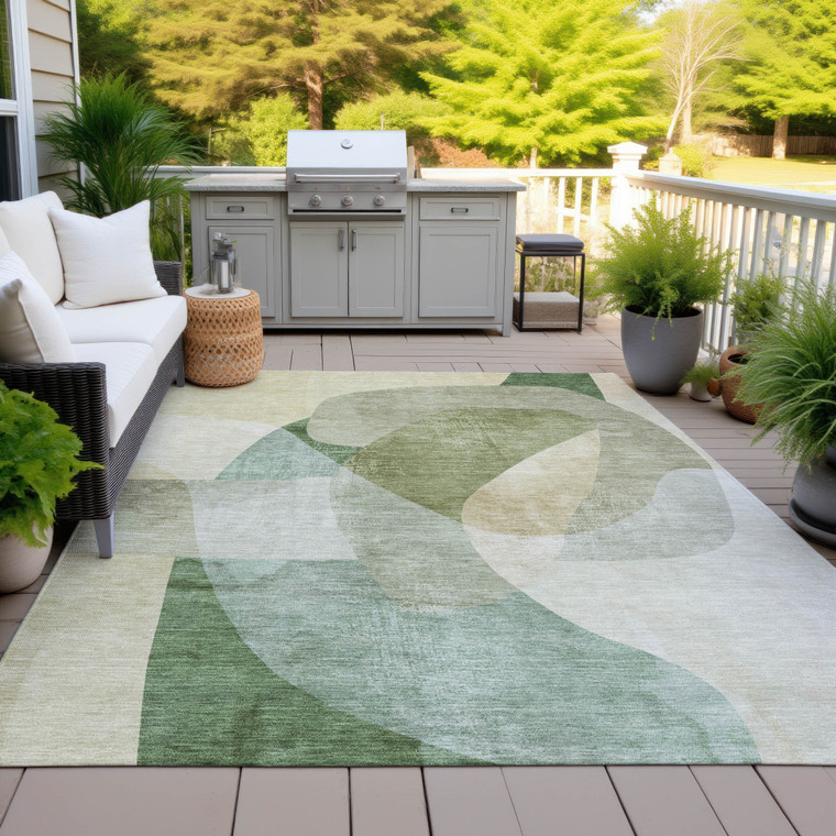 3' X 5' Artichoke Green And Taupe Abstract Washable Indoor Outdoor Area Rug - Artichoke Green, Taupe