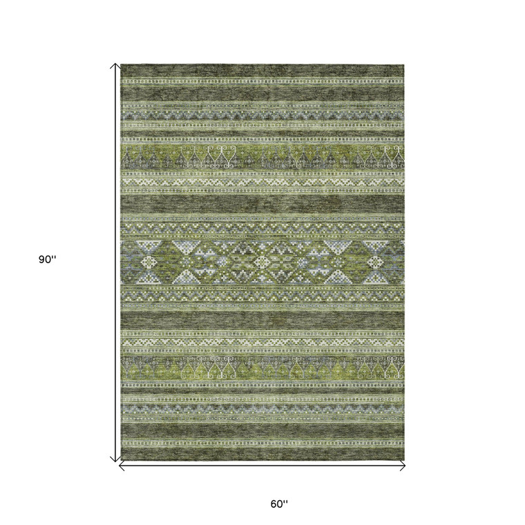 5' X 8' Olive Green And Artichoke Green Southwestern Washable Indoor Outdoor Area Rug