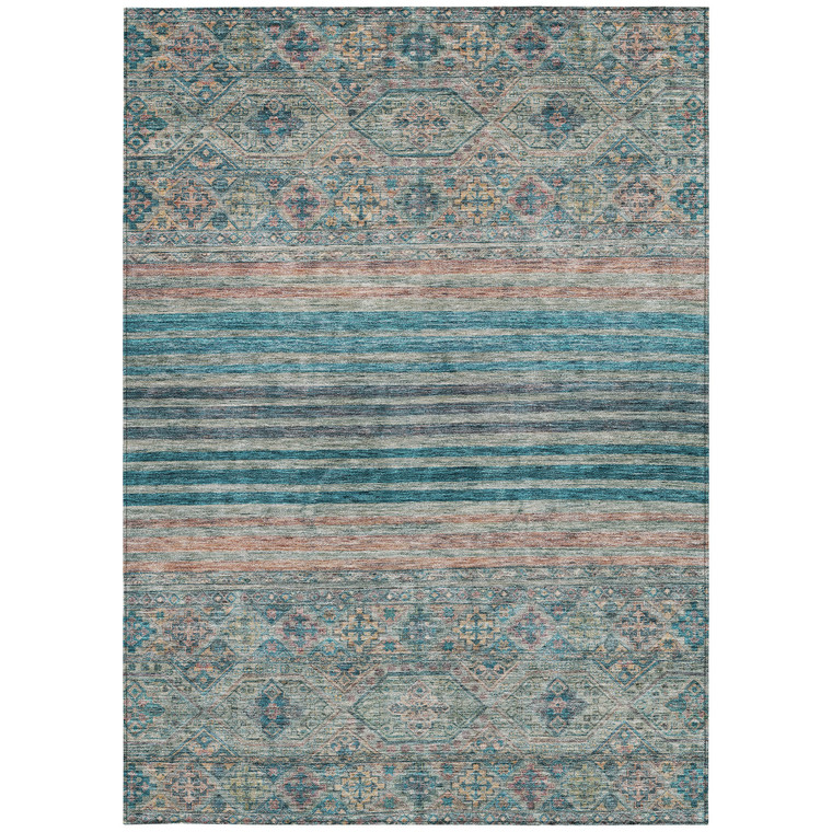 3' X 5' Teal Blue Salmon And Beige Medallion Washable Indoor Outdoor Area Rug