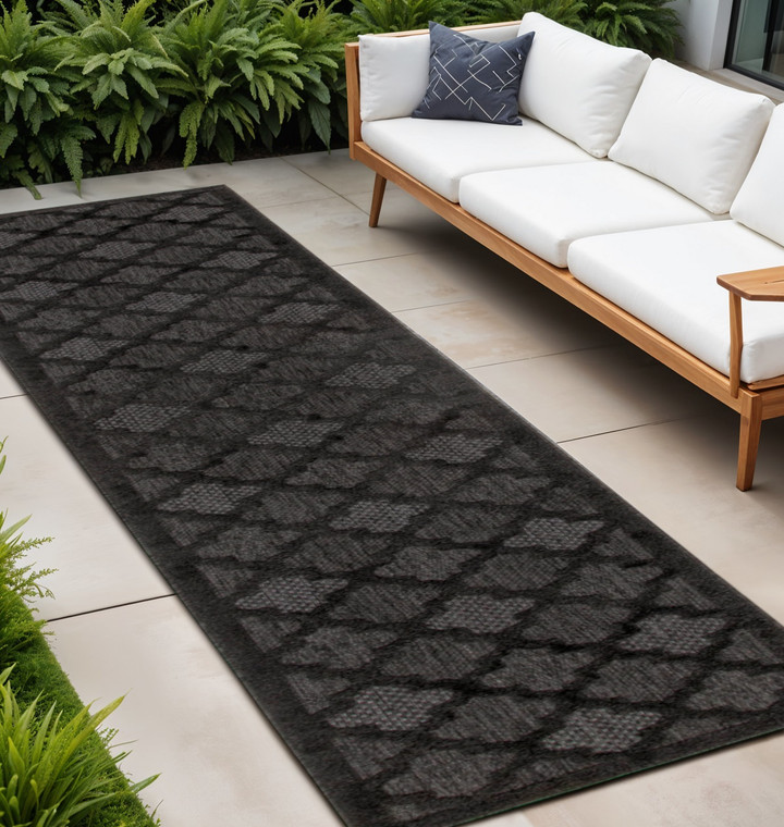 12' Charcoal And Black Trellis Indoor Outdoor Runner Rug