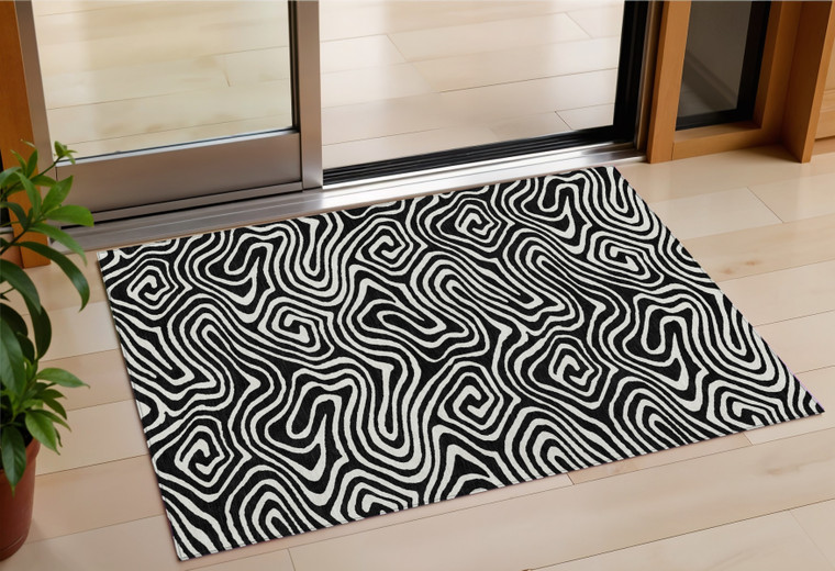 3' X 5' Black And Ivory Abstract Washable Indoor Outdoor Area Rug - 608219003739