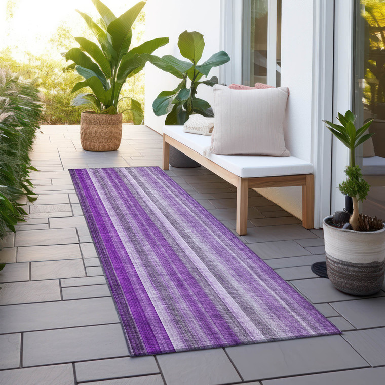 8' Runner Purple Striped Washable Non Skid Indoor Outdoor Runner Rug - Purple