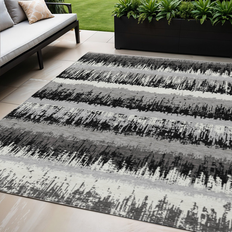 5' X 8' Black Gray And Ivory Striped Washable Indoor Outdoor Area Rug Transitional Style - Black, Gray, Ivory Color