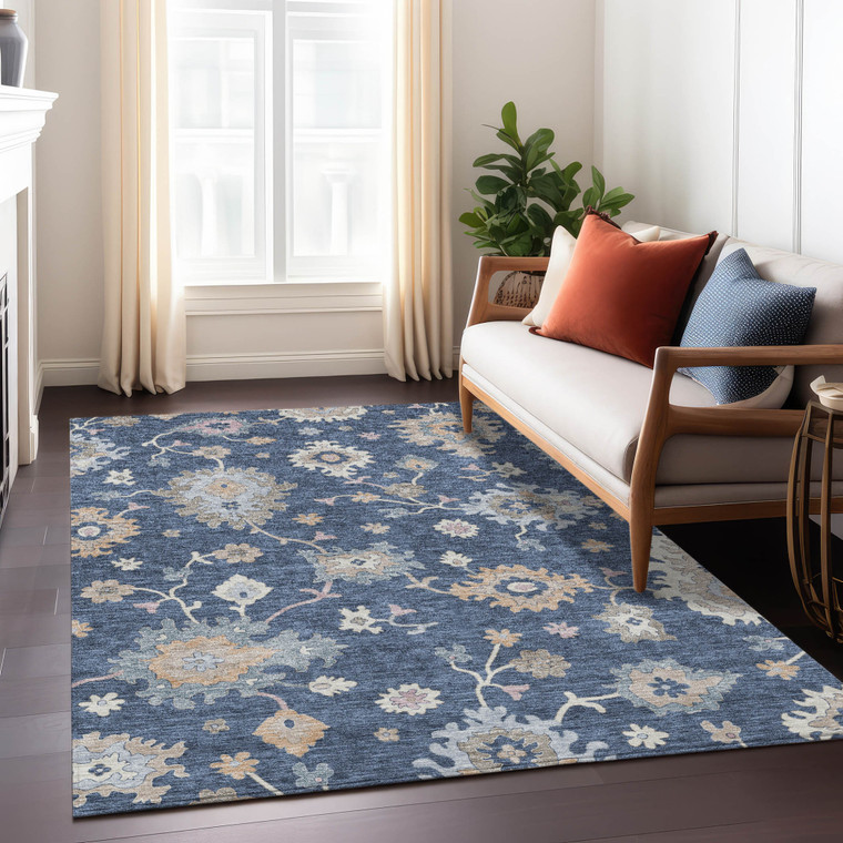 3' X 5' Navy Blue Beige And Gray Floral Washable Indoor Outdoor Area Rug