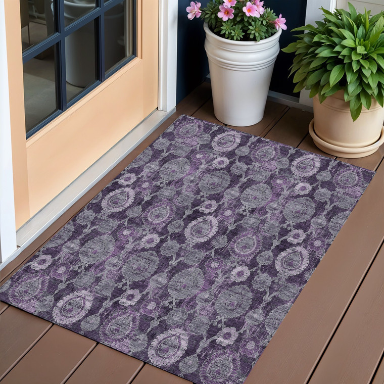 3' X 5' Eggplant Purple And Lavender Damask Washable Indoor Outdoor Area Rug