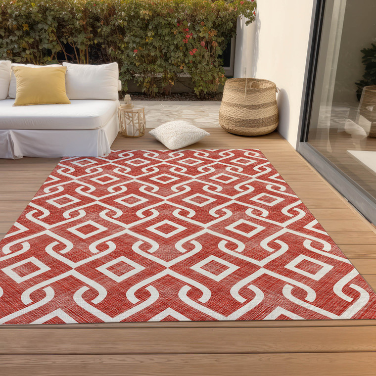 3' X 5' Red And Ivory Geometric Washable Indoor Outdoor Area Rug - Red, Ivory