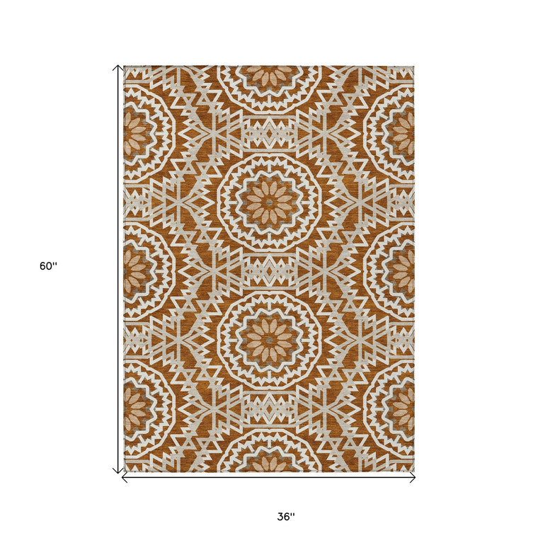 3' X 5' Orange Copper And Beige Floral Medallion Washable Indoor Outdoor Area Rug