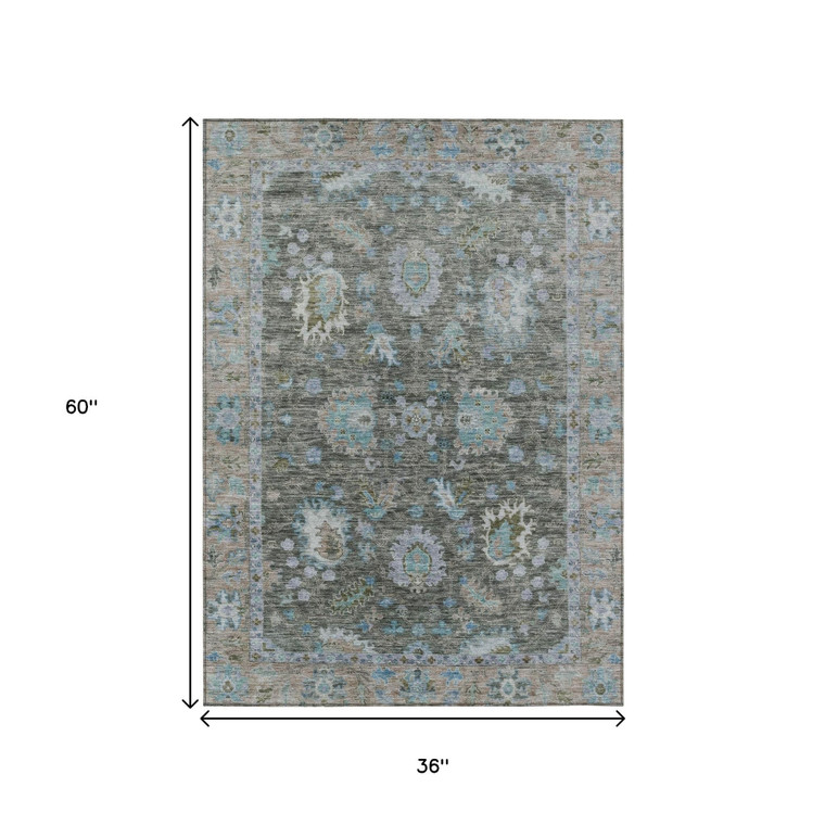 3' X 5' Fern Green And Denim Blue Floral Washable Indoor Outdoor Area Rug