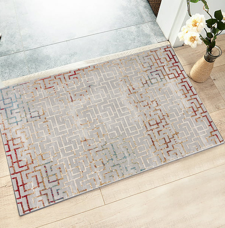 2' X 3' Gray and Ivory Geometric Washable Non Skid Area Rug