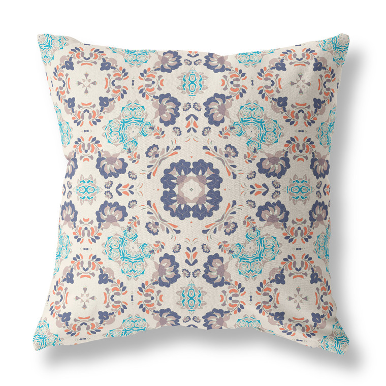 16" X 16" Off White And Blue Floral Blown Seam Suede Throw Pillow - 606114085232