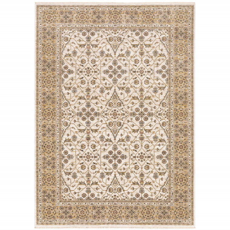 7' X 10' Ivory And Gold Oriental Area Rug With Fringe