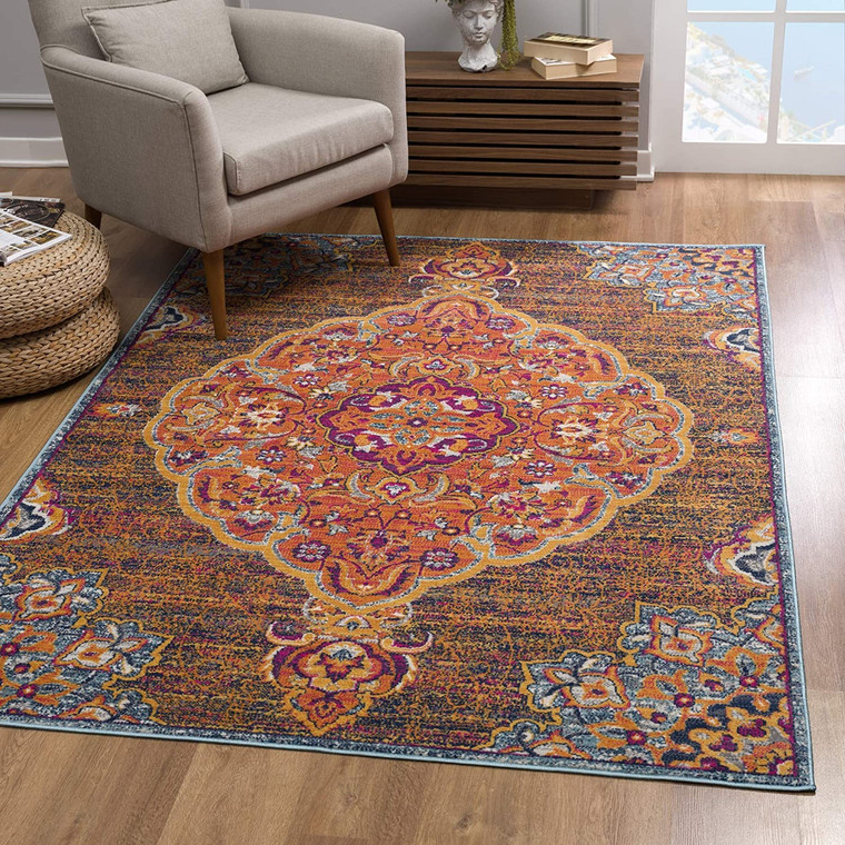 5' X 8' Rustic Orange Medallion Area Rug