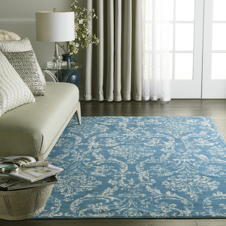 4' X 6' Blue Damask Power Loom Area Rug