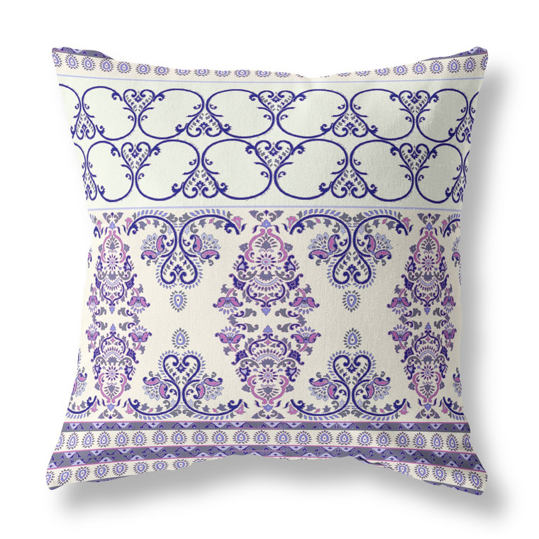 18" X 18" White And Purple Stencil Blown Seam Suede Throw Pillow
