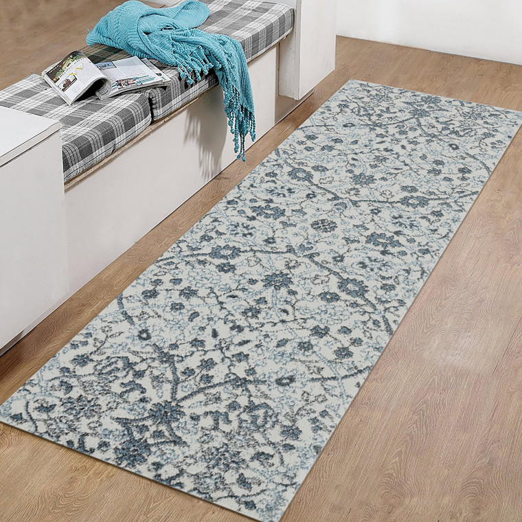 6' Charcoal and Gray Floral Power Loom Runner Rug