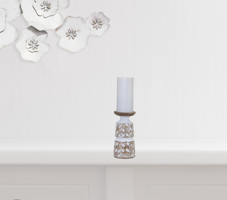 Set of Three Brown And White Botanical Leaf Stone Powder Tabletop Pillar Candle Holders