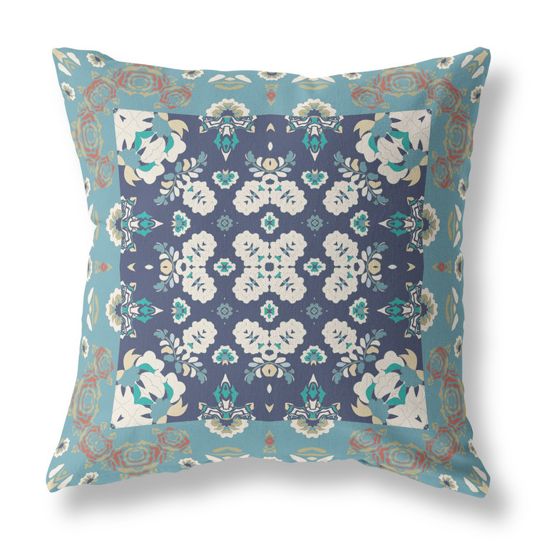 16" X 16" Gray And Blue Floral Blown Seam Suede Throw Pillow