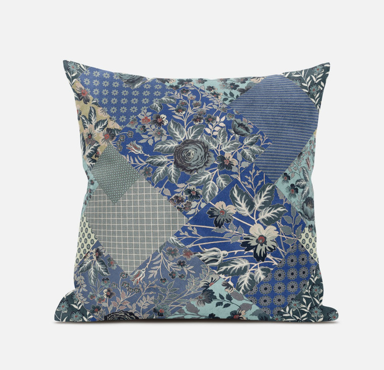 20" Blue Gray Floral Suede Throw Pillow