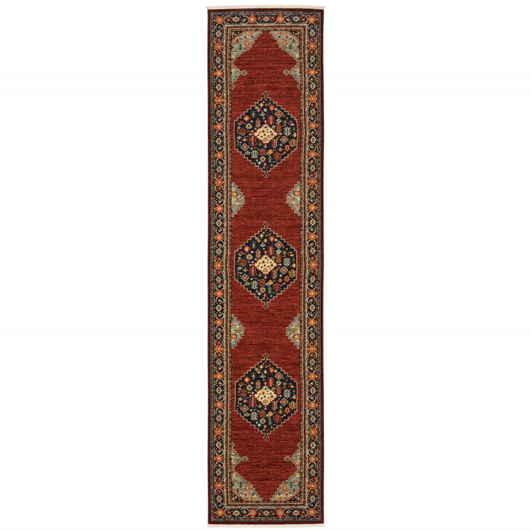 12' Red And Ivory Genuine Wool Oriental Runner Rug With Fringe