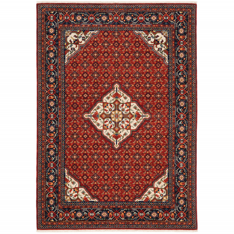 8' X 11' Red Blue Ivory And Orange Oriental Power Loom Stain Resistant Area Rug With Fringe