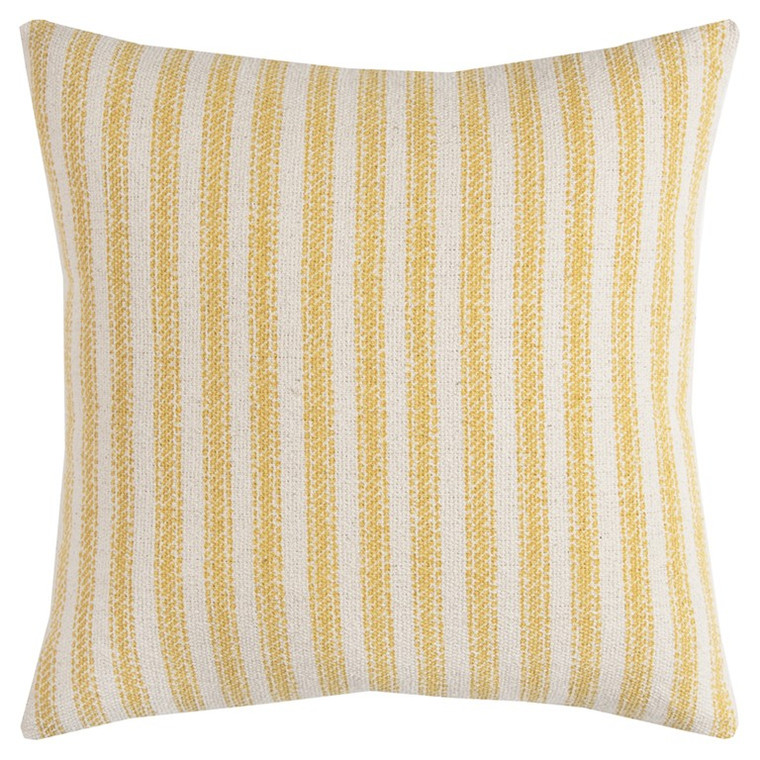 20" Yellow And Natural Ticking Stripe Cotton Canvas Throw Pillow