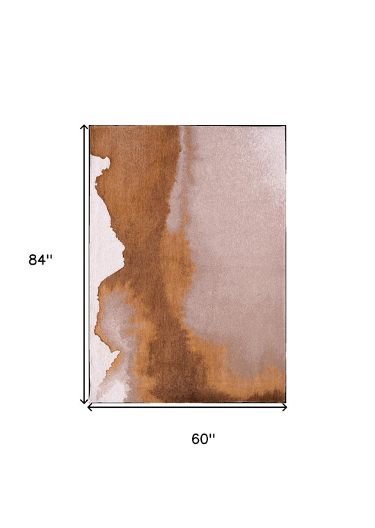 6' X 8' Yellow and Brown Abstract Non Skid Area Rug 100% PET