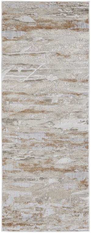 10' Ivory Gray And Tan Abstract Distressed Runner Rug
