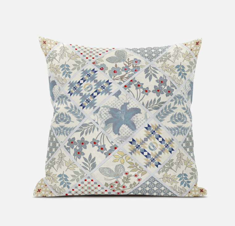 18” White Blue Patch Suede Throw Pillow