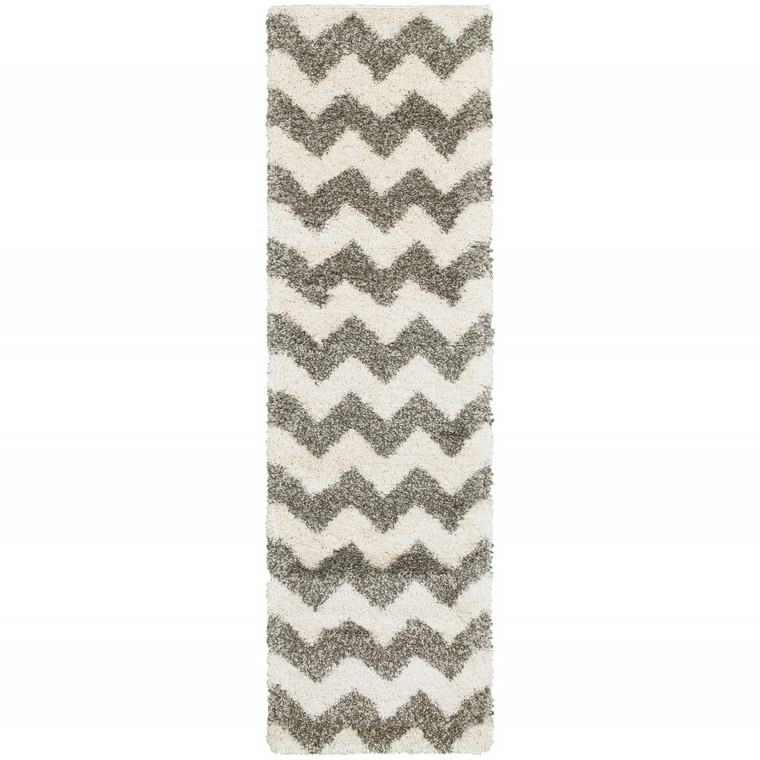 2' X 8' Grey And Ivory Geometric Shag Power Loom Stain Resistant Runner Rug Polypropylene