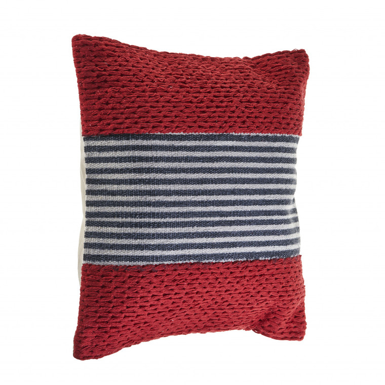 20" Blue And Red Cotton Striped Throw Pillow