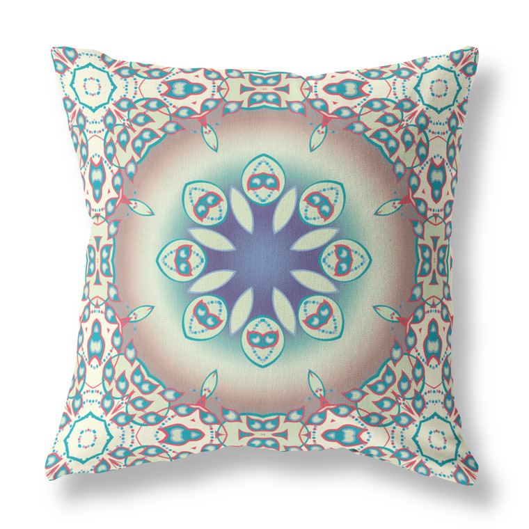 20" X 20" Beige And Blue Geometric Blown Seam Suede Throw Pillow