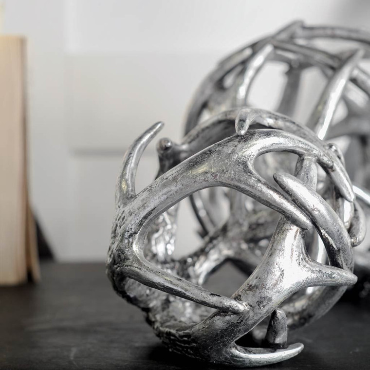 5" Antiqued Silver Resin Faux Antler Decorative Orb