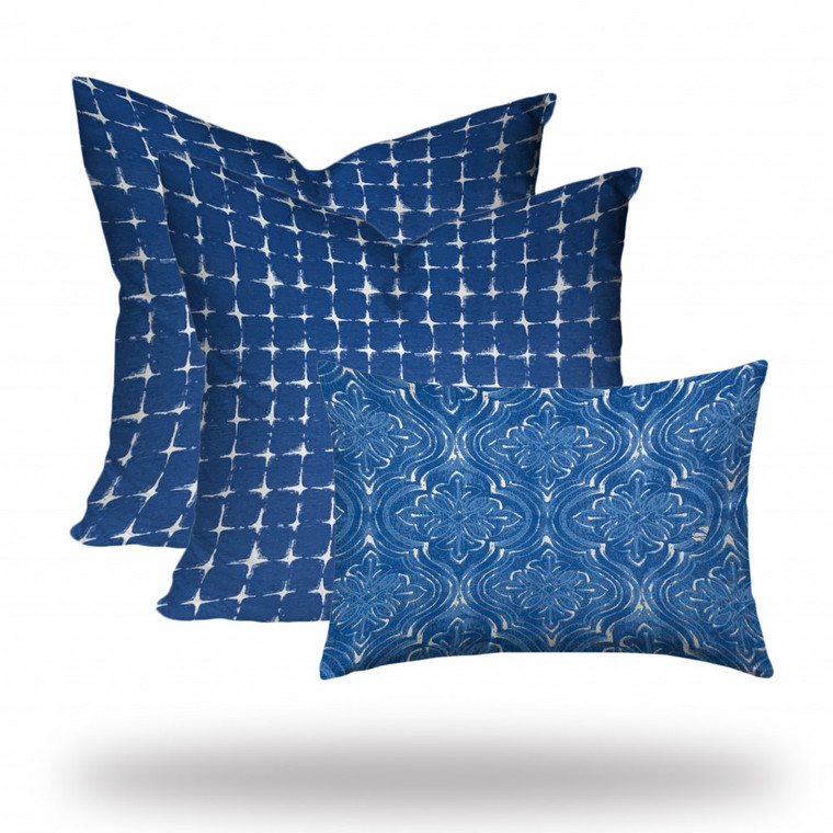 Set Of Three 20" X 20" Blue And White Enveloped Gingham Throw Indoor Outdoor Pillow Cover - 606114095309