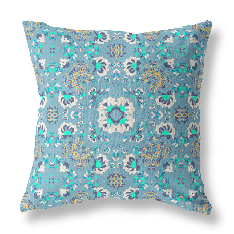 20" X 20" Light Blue Floral Blown Seam Suede Throw Pillow