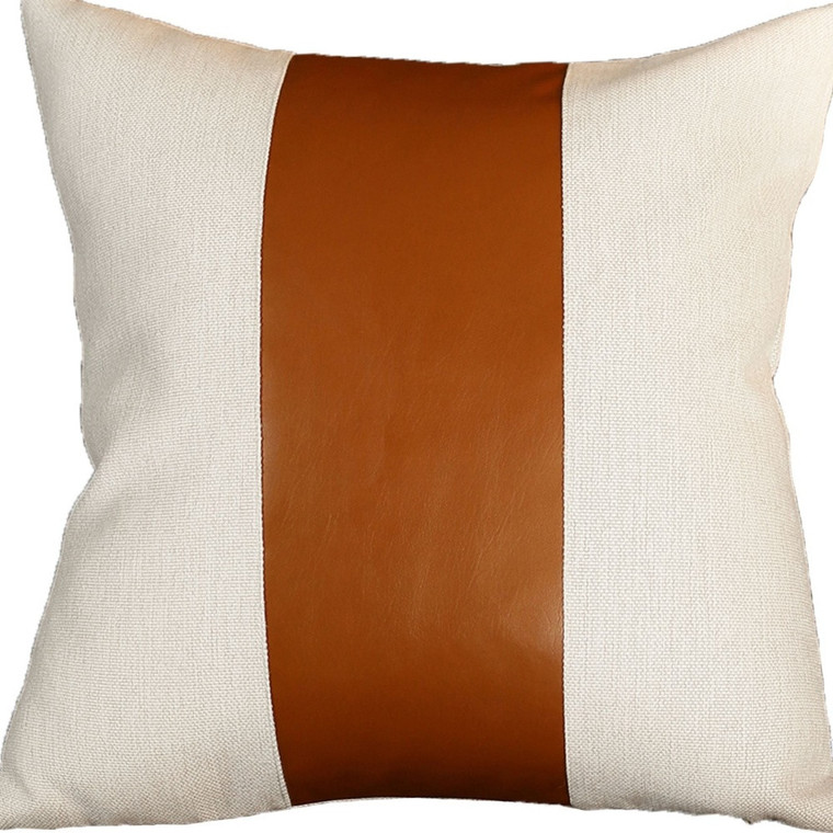 20" Brown And Ivory Faux Leather Throw Pillow Cover