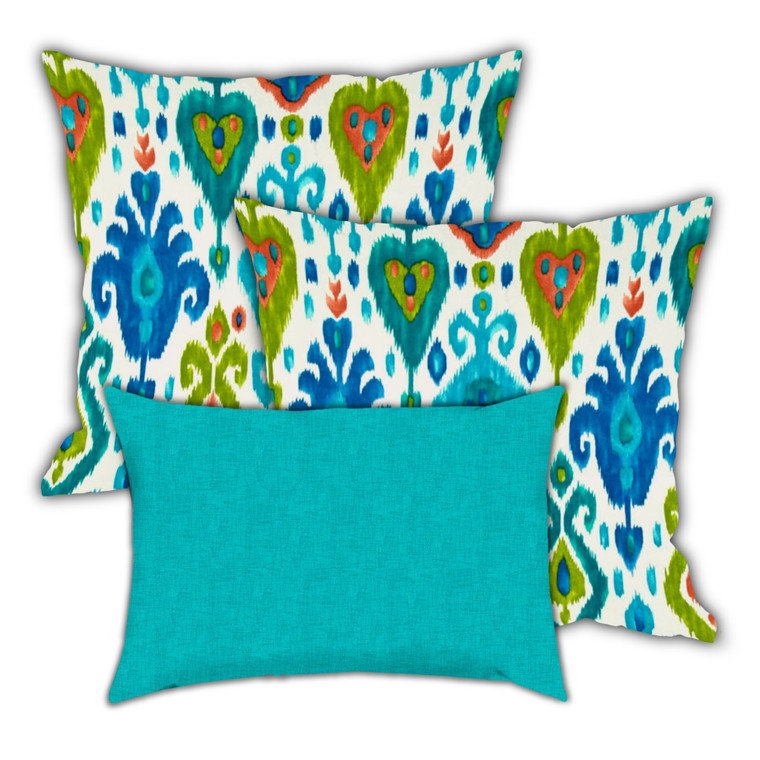 Set Of Three 18" X 18" Green And White Zippered Ikat Throw Indoor Outdoor Pillow - 606114102731