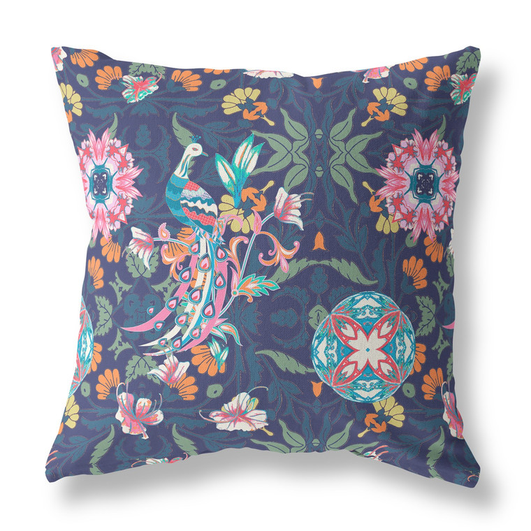 18" Navy Pink Peacock Indoor Outdoor Zip Throw Pillow - 808230195974