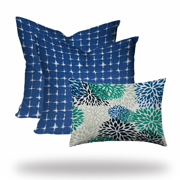 Set Of Three 20" X 20" Blue And White Zippered Floral Throw Indoor Outdoor Pillow Cover - 606114095521