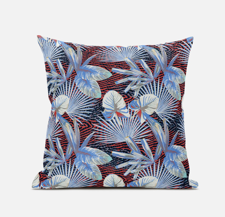 18” Blue Red Tropical Suede Throw Pillow