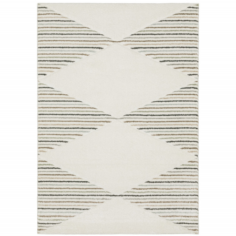 3' X 5' Beige Grey Sage Green Pale Blue Brown And Charcoal Geometric Power Loom Stain Resistant Area Rug