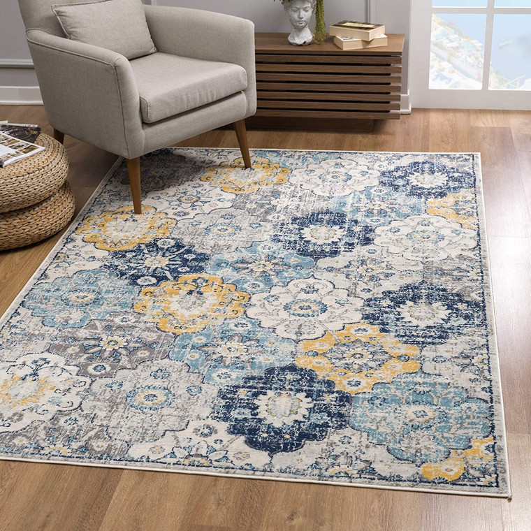 8' Blue And Yellow Floral Runner Rug